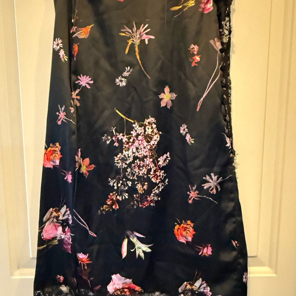 Black Satin Slip midi skirt with Red & Pink Floral Detail